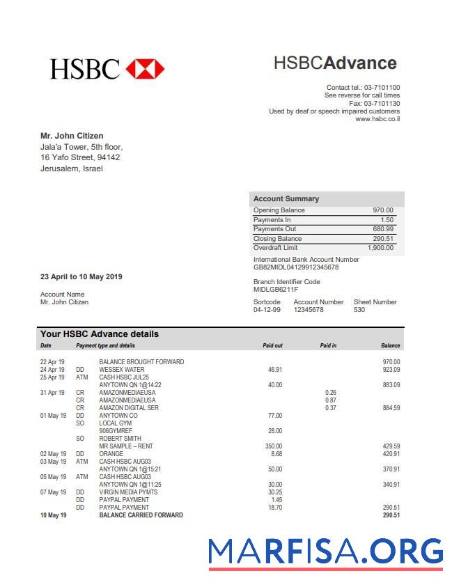 Downloadable Israel HSBC bank statement word real example